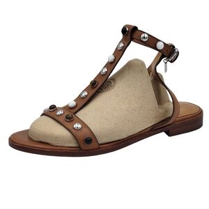 Coach Sadie Matte Calf Sandals Size 7 Brown Leather Studded T Strap Ankle Charms